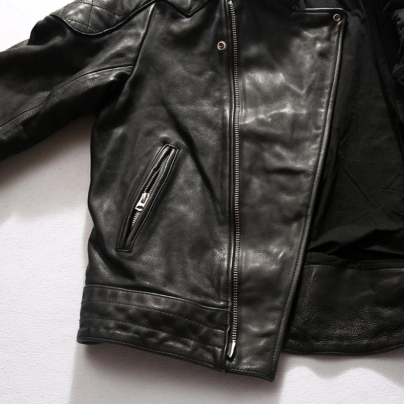 Black leather gothic jacket side hem detail showing zippered pocket and layered leather construction