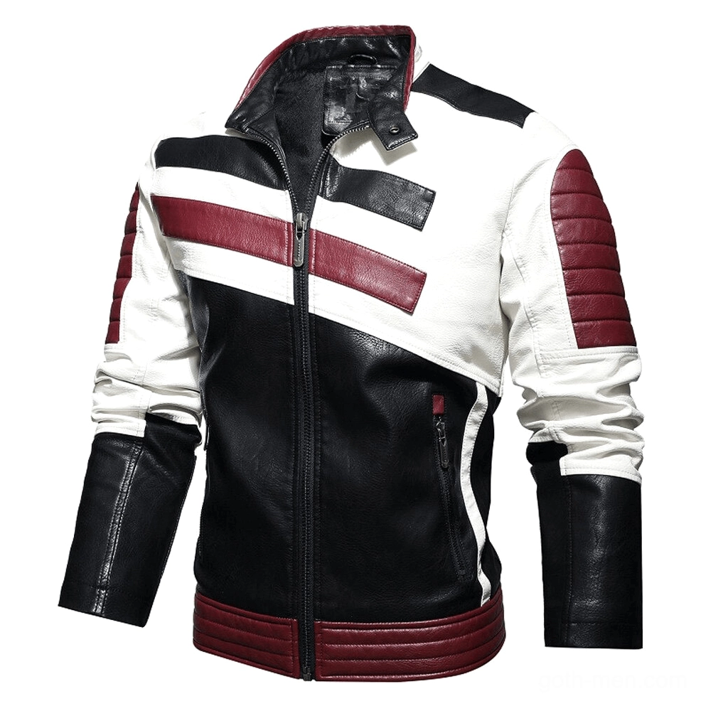 Three-quarter front view of men's gothic biker jacket, showing side zipper pocket and quilted sleeve design