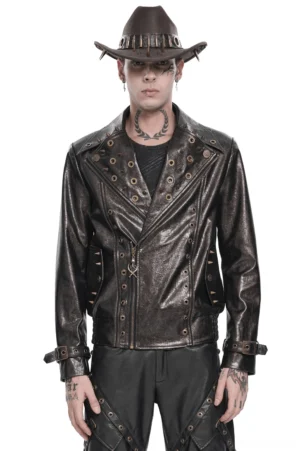 Men's distressed brown gothic biker jacket with metal studs and asymmetrical zipper front view on model