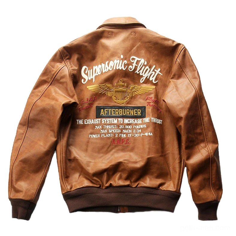 Tan genuine leather gothic biker jacket rear view with embroidered back graphic and structured silhouette