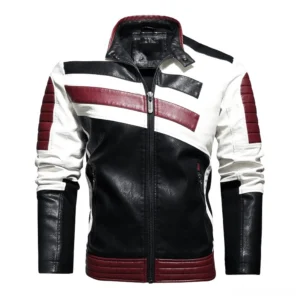 Wine red and black color-block PU biker jacket for men, front view with contrasting leather panels and metal zipper