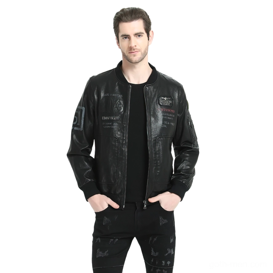 Black leather biker jacket zipper pocket and hardware detail close-up