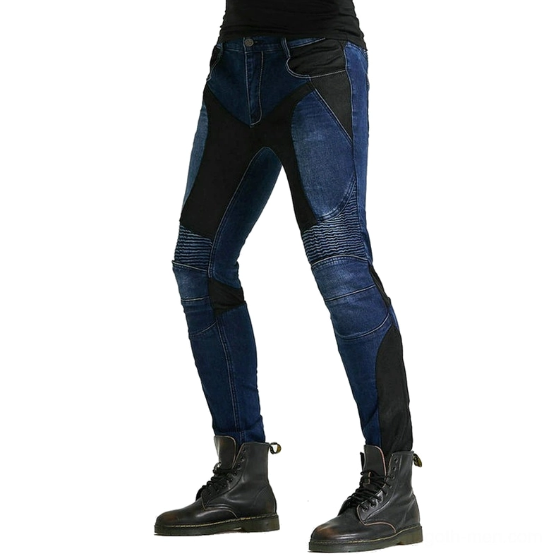 Black gothic biker jeans with reinforced protection features and modern aesthetic