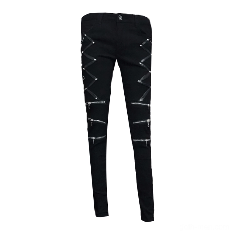 Black gothic denim jeans flat lay display with decorative zipper and rivet embellishments