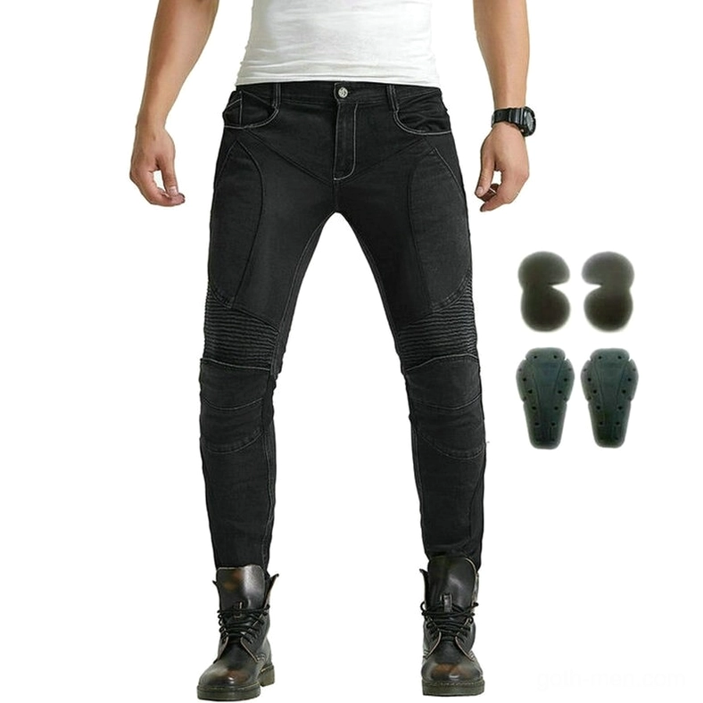 Black gothic biker jeans front detail showing form-fitting cut and knee reinforcement