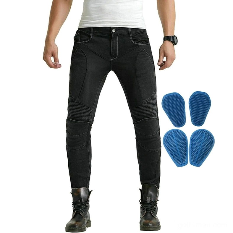 Gothic biker protection jeans full front view black style with knee and hip armor