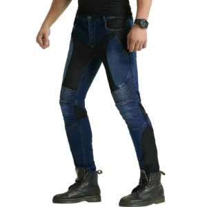 Gothic biker jeans front three-quarter view with blue-black color blocking and reinforced knee pleat