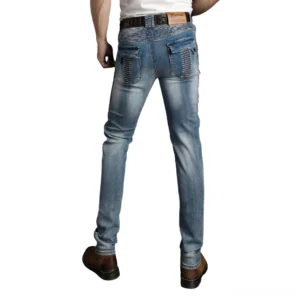 Light blue gothic biker protective jeans rear view back pockets motorcycle style