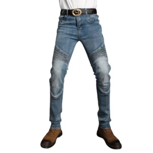 Light blue gothic biker protective jeans front view slim fit motorcycle denim
