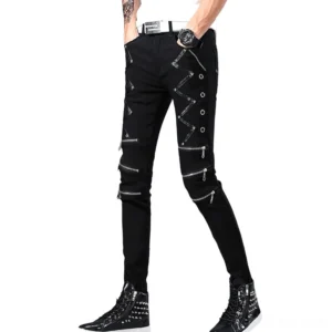 Black gothic biker jeans for men front view with metal rivets and zippers - slim fit punk denim
