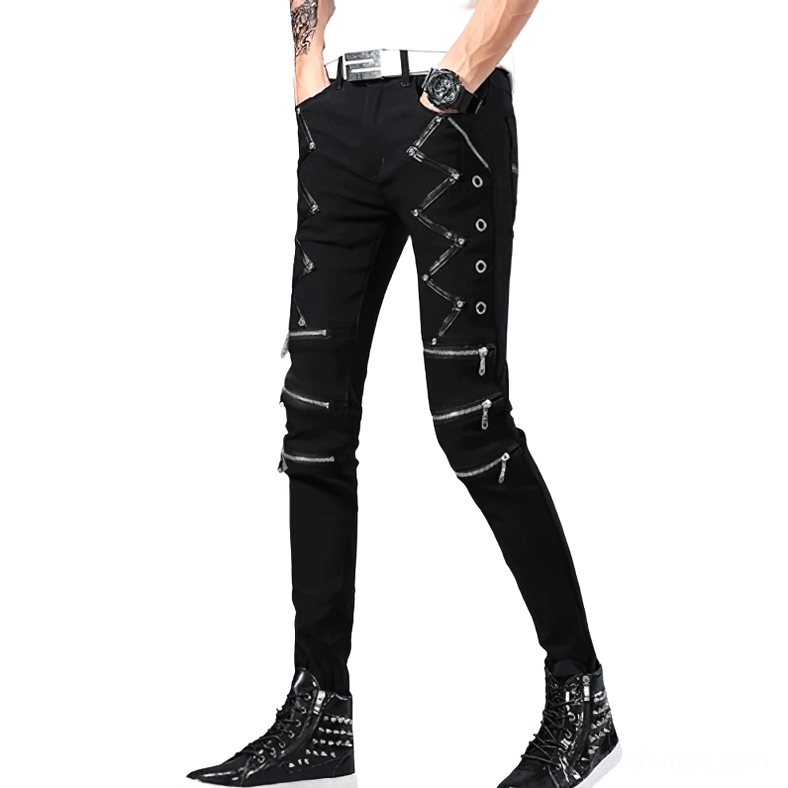 Black gothic biker jeans for men front view with metal rivets and zippers - slim fit punk denim