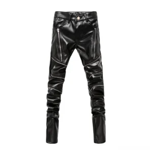 Gothic slim fit PU leather biker pants front full view with dual front zipper pockets and metal button closure