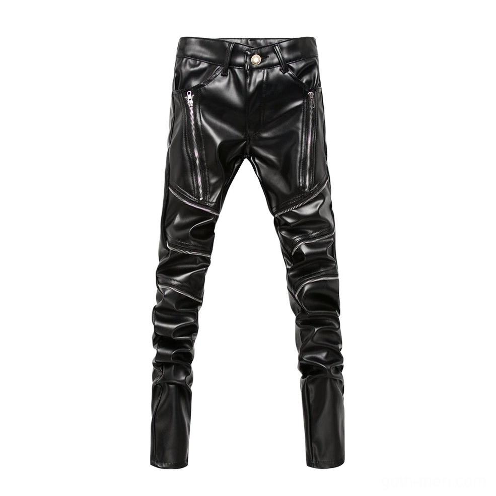 Gothic slim fit PU leather biker pants front full view with dual front zipper pockets and metal button closure