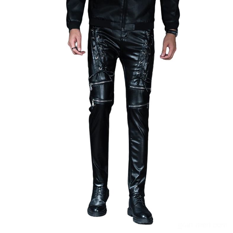 Men's gothic skinny biker pants with full front lace-up design and multiple zipper pockets, front view of black glossy faux leather