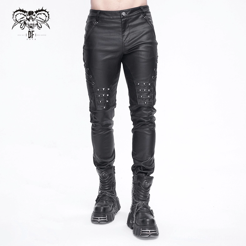 Additional view of black leather gothic pants metal hardware and construction