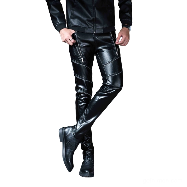 Men's gothic skinny faux leather biker pants with lace-up thigh details, front three-quarter view showing glossy black leather and slim fit silhouette