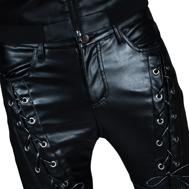 Gothic skinny faux leather biker pants styling detail, close-up of lace-up detailing and premium glossy black leather material