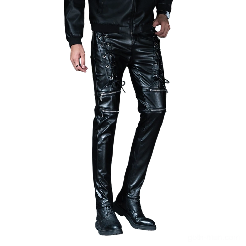 Multi-zipper gothic faux leather biker trousers with tactical lace-up details, front three-quarter view showcasing multiple zippers and industrial aesthetic