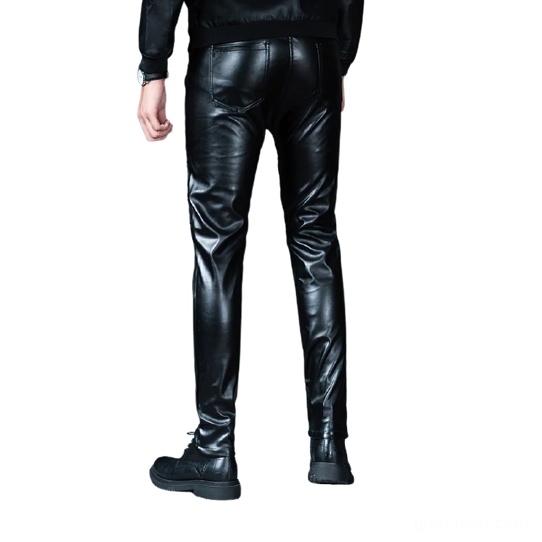 Men's gothic skinny biker pants rear view, black glossy faux leather with standard back pockets and tailored slim fit