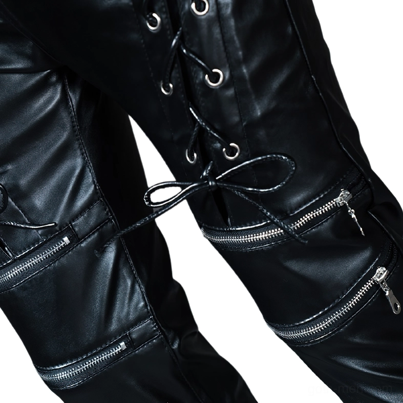 Men's gothic faux leather biker pants sizing and fit guide, flat lay showing complete garment structure and seam details