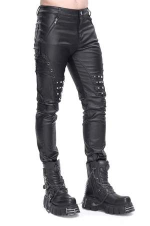 Men's black leather gothic biker pants with studded knee panels and metal accents, front three-quarter view