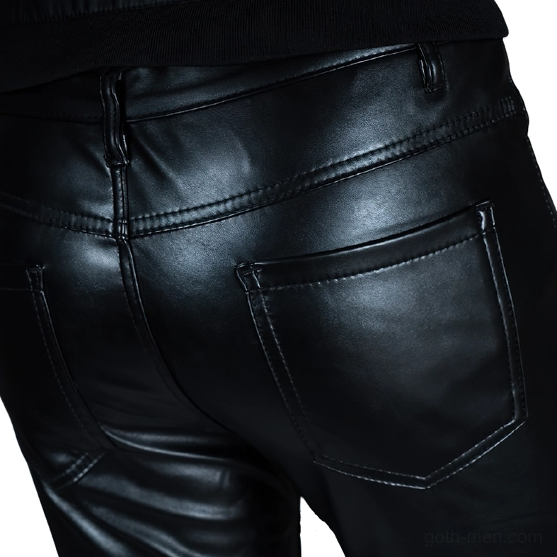 Gothic skinny faux leather biker pants with zipper and lace-up hardware, detailed view of tactical design elements and glossy leather finish