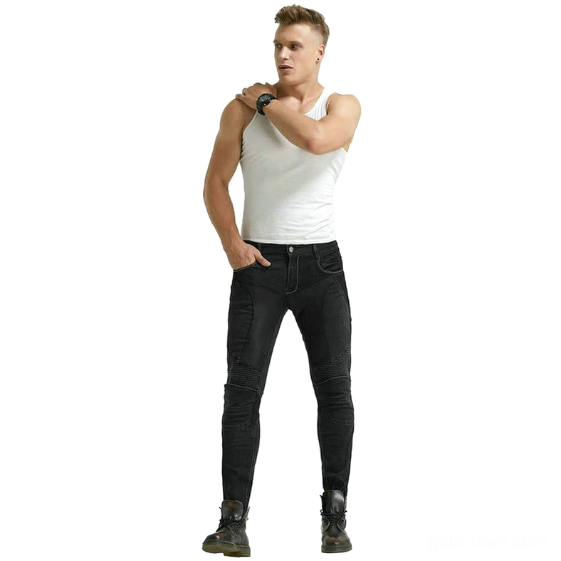 Reinforced biker protection denim with gothic styling and strategic armor placement