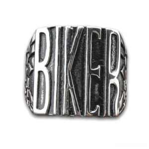 Gothic biker statement ring with embossed BIKER text, polished silver stainless steel, front flat view on white background