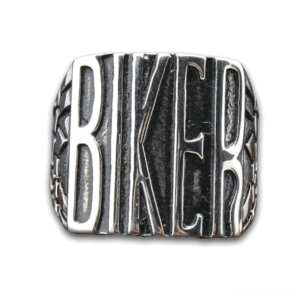 Gothic biker statement ring with embossed BIKER text, polished silver stainless steel, front flat view on white background