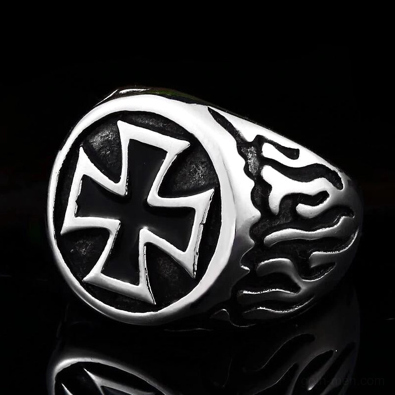 Dark Aesthetic Gothic Cross Ring – Stainless Steel Biker Jewelry with Flame Motif Side Profile Against Studio Background