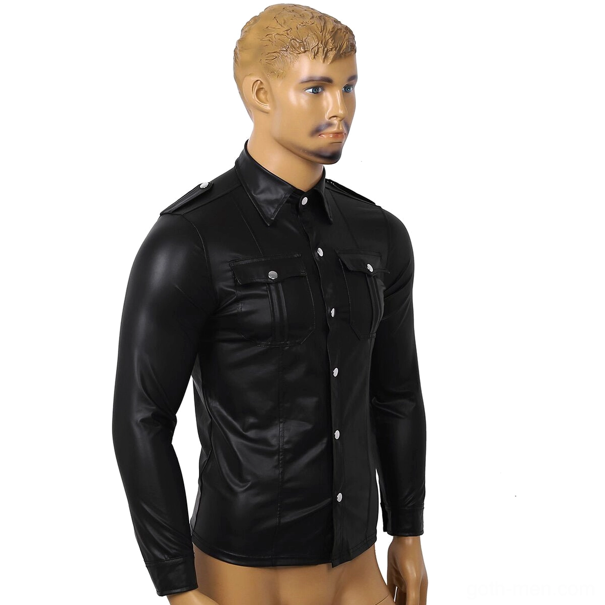 Black wet-look patent leather gothic biker shirt side three-quarter angle view - glossy finish button placket detail