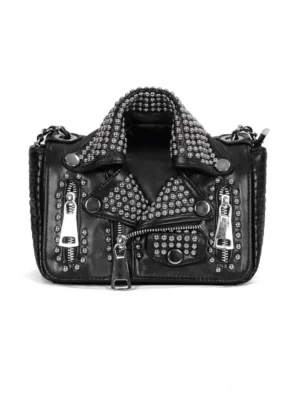 Black riveted biker shoulder bag front view with silver metal studs and multiple zipper details