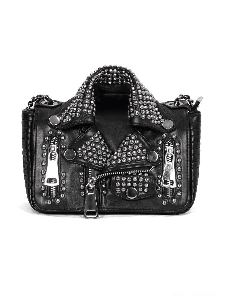 Black riveted biker shoulder bag front view with silver metal studs and multiple zipper details