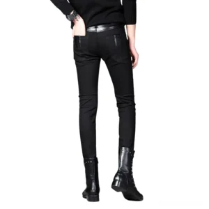Rear view of mens black slim fit biker trousers - gothic patchwork pants with leather waistband and back pocket details