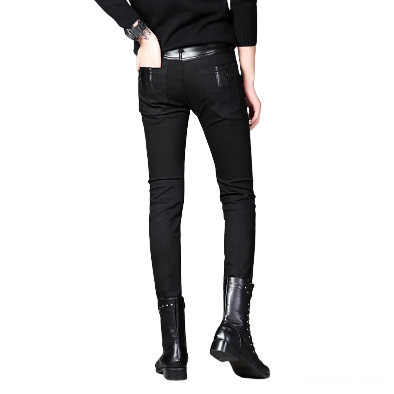 Rear view of mens black slim fit biker trousers - gothic patchwork pants with leather waistband and back pocket details