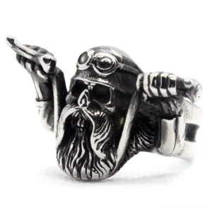 Gothic biker skull ring with pilot helmet and beard detail, front view stainless steel motorcycle jewelry
