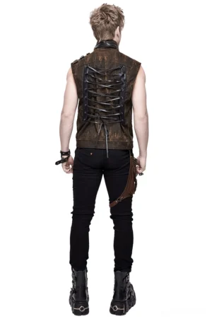 Gothic steampunk biker waistcoat rear view showing adjustable lace-up corset back design