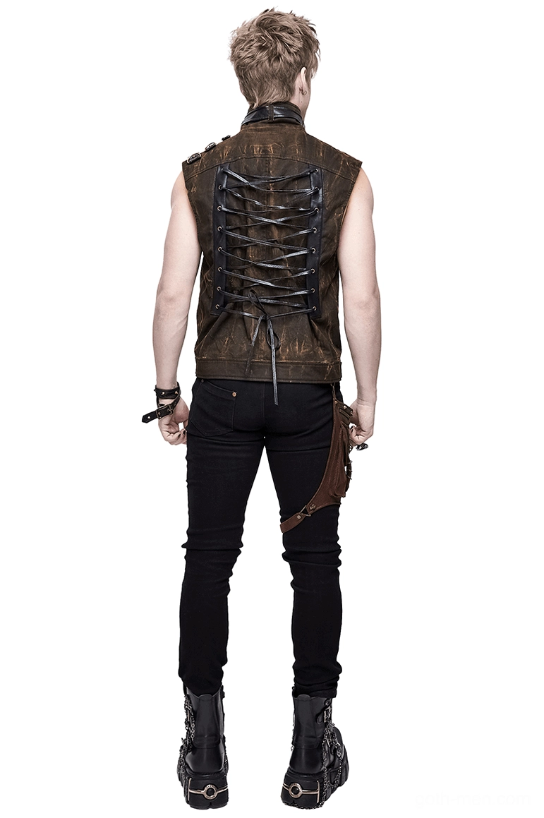 Gothic steampunk biker waistcoat rear view showing adjustable lace-up corset back design