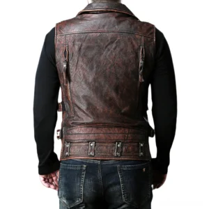 Rear view of black leather gothic biker vest showing adjustable waist buckles and back zip pockets - authentic moto style