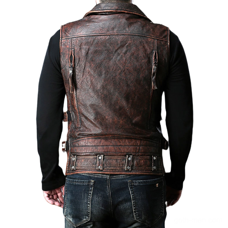 Rear view of black leather gothic biker vest showing adjustable waist buckles and back zip pockets - authentic moto style