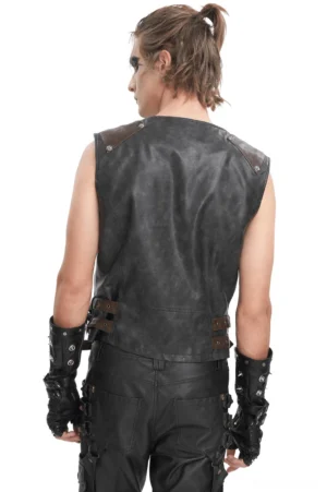 Men's gothic biker vest back view - male model wearing studded leather vest with waist buckle straps and spike detailing