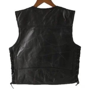 Men's black patchwork leather gothic vest rear view showing textured leather panels and side lacing