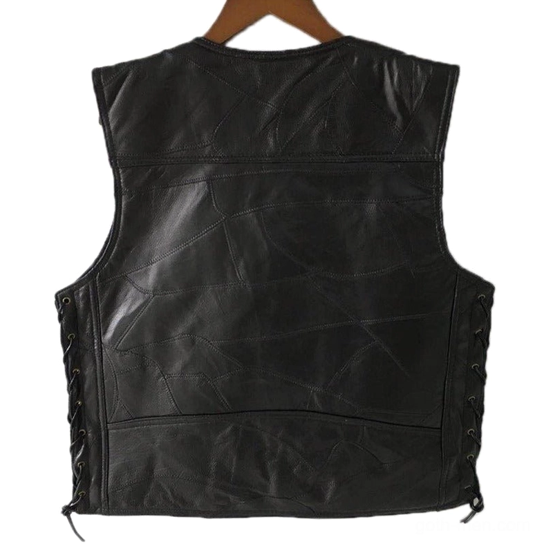 Men's black patchwork leather gothic vest rear view showing textured leather panels and side lacing