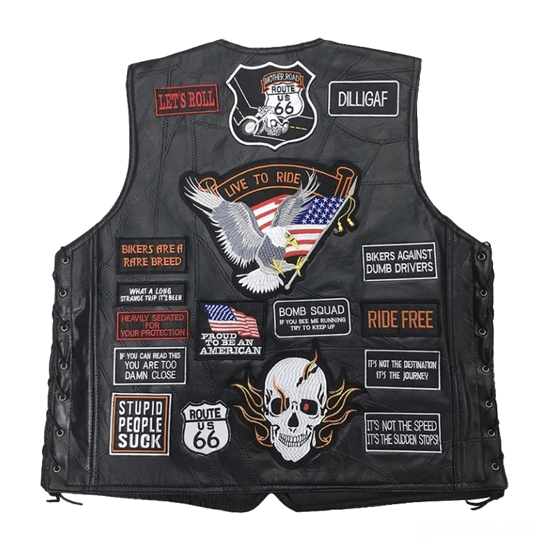 Back view gothic leather biker vest featuring large central eagle US flag skull embroidery