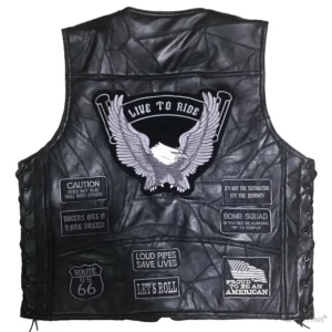 Black gothic leather motorcycle biker vest back view with embroidered eagle and live to ride patch