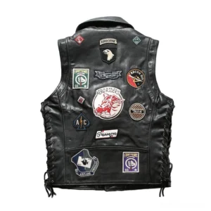 Black cowhide motorcycle vest back view showing embroidered badge details and adjustable side lace-up construction