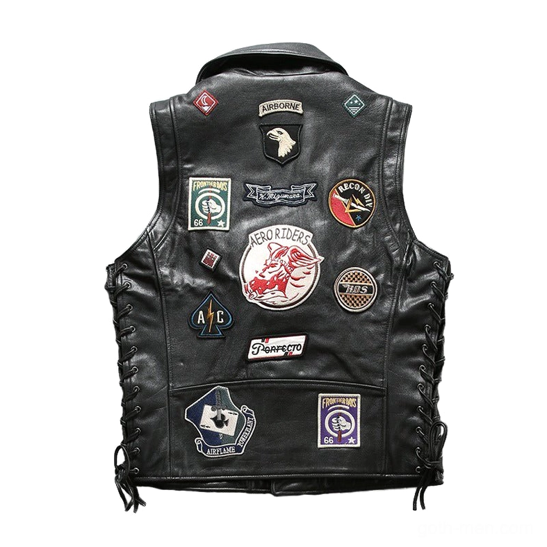 Black cowhide motorcycle vest back view showing embroidered badge details and adjustable side lace-up construction