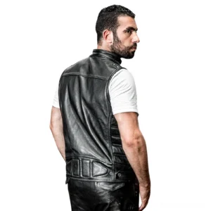 Black leather motorcycle vest rear three-quarter view with padded back panel