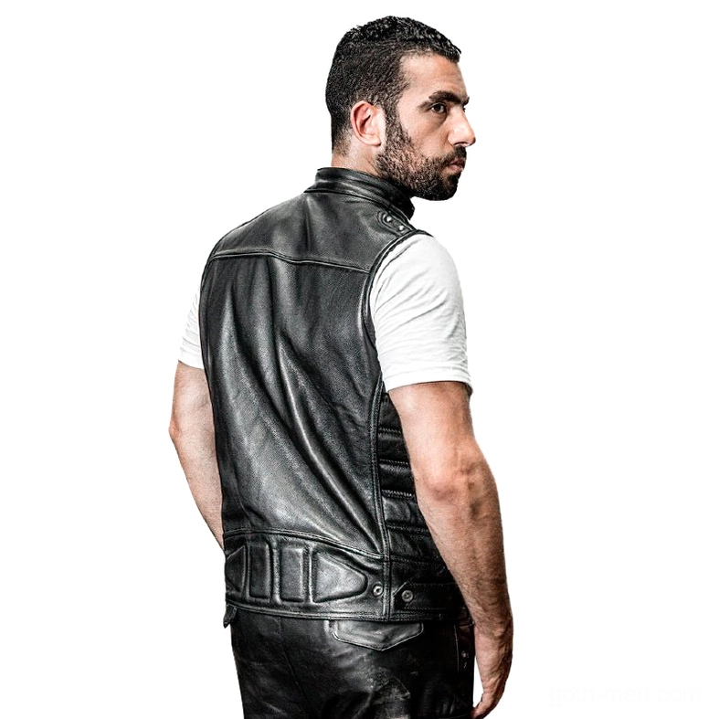 Black leather motorcycle vest rear three-quarter view with padded back panel