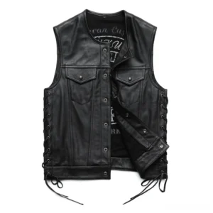 Black genuine leather gothic biker vest with side lace-up closures, front view flat lay showing button closure and dual chest pockets